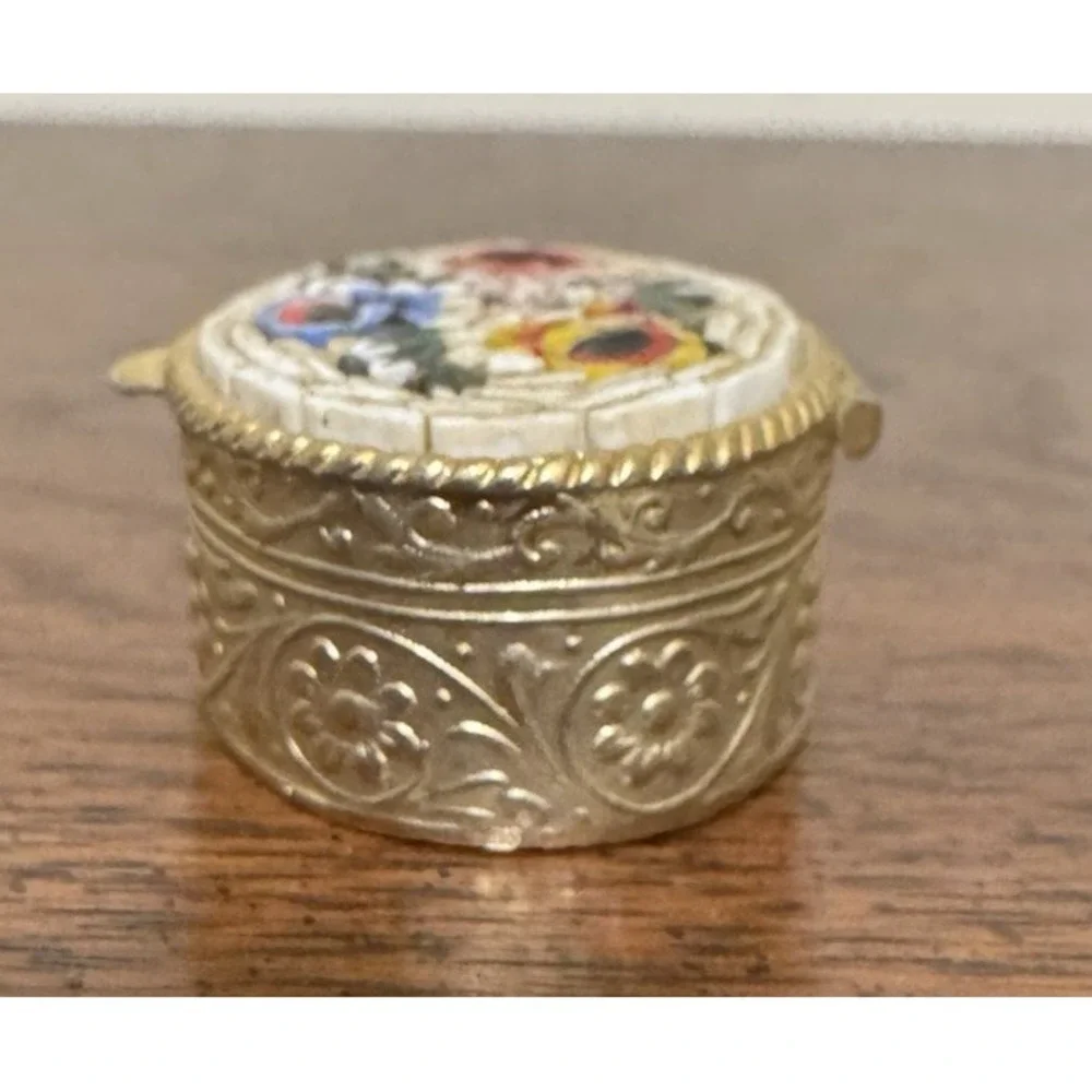 Vintage Italian Micro Mosaic Floral Pill Trinket Hinged Box Gold Frame 1.25